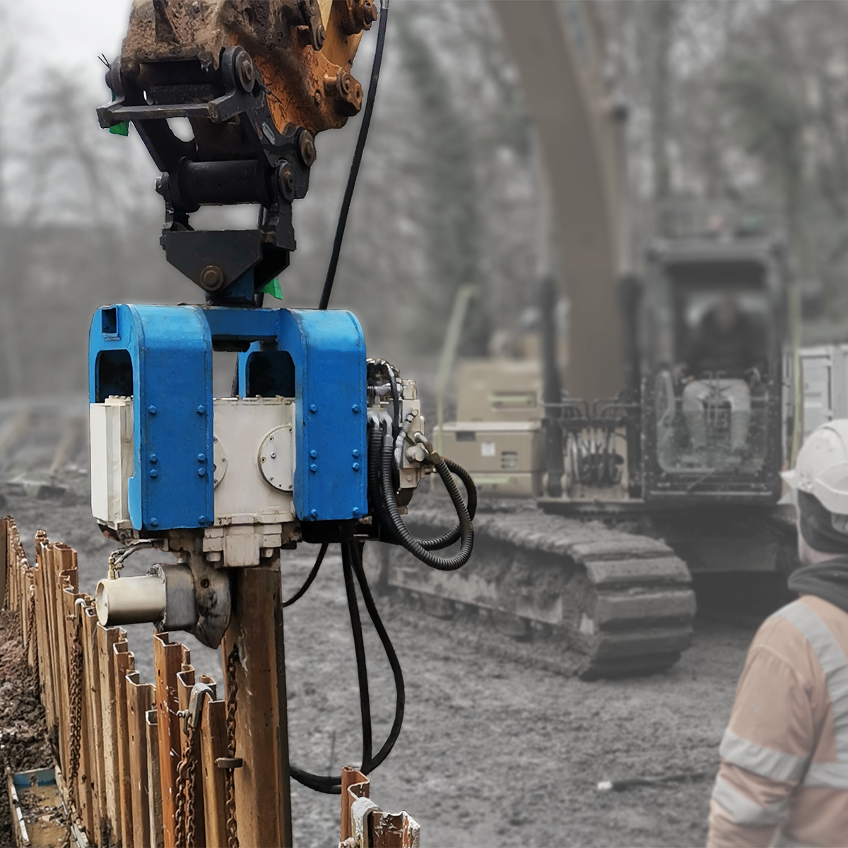 MH International excavator mounted vibrator (EMV) on site close up