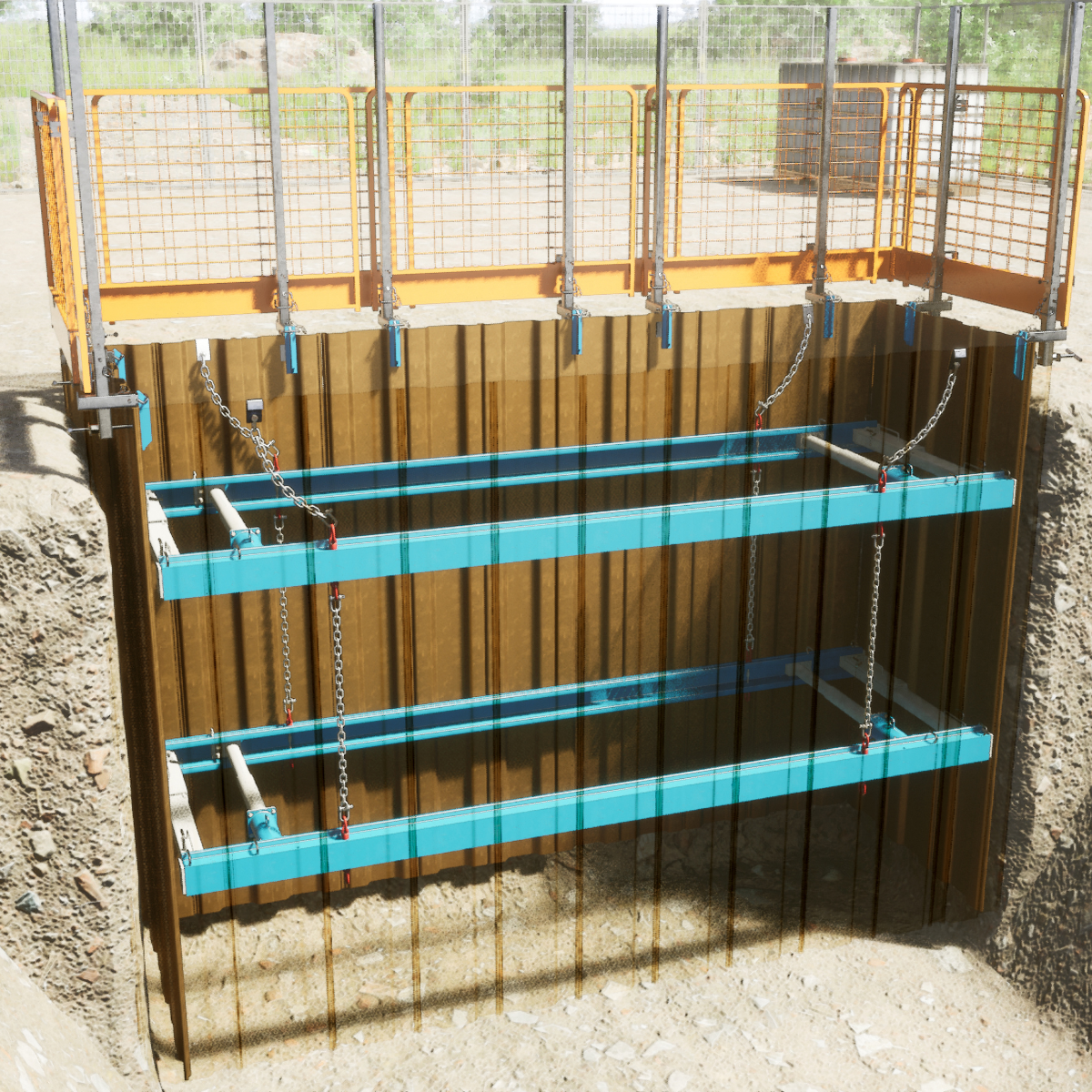 MH International aluminium waler lightweight shoring on site with edge protection